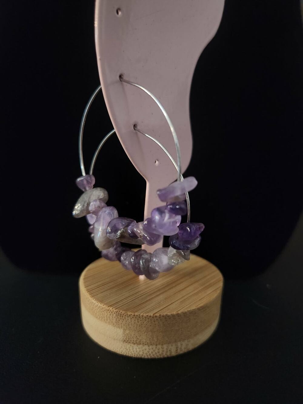 Purple Amethyst Hoop Earrings Tumbled Chip Style Gemstones on Silver Tone Hoops